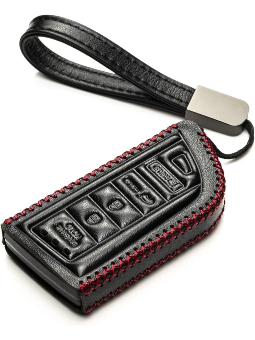 Stylish Genuine Leather Key Fob Case & Strap - 5-Button, Black/Red, Fits Acura